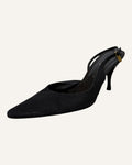 Gucci black textured pointed-toe slingback kitten heels with gold-tone buckles, size 38