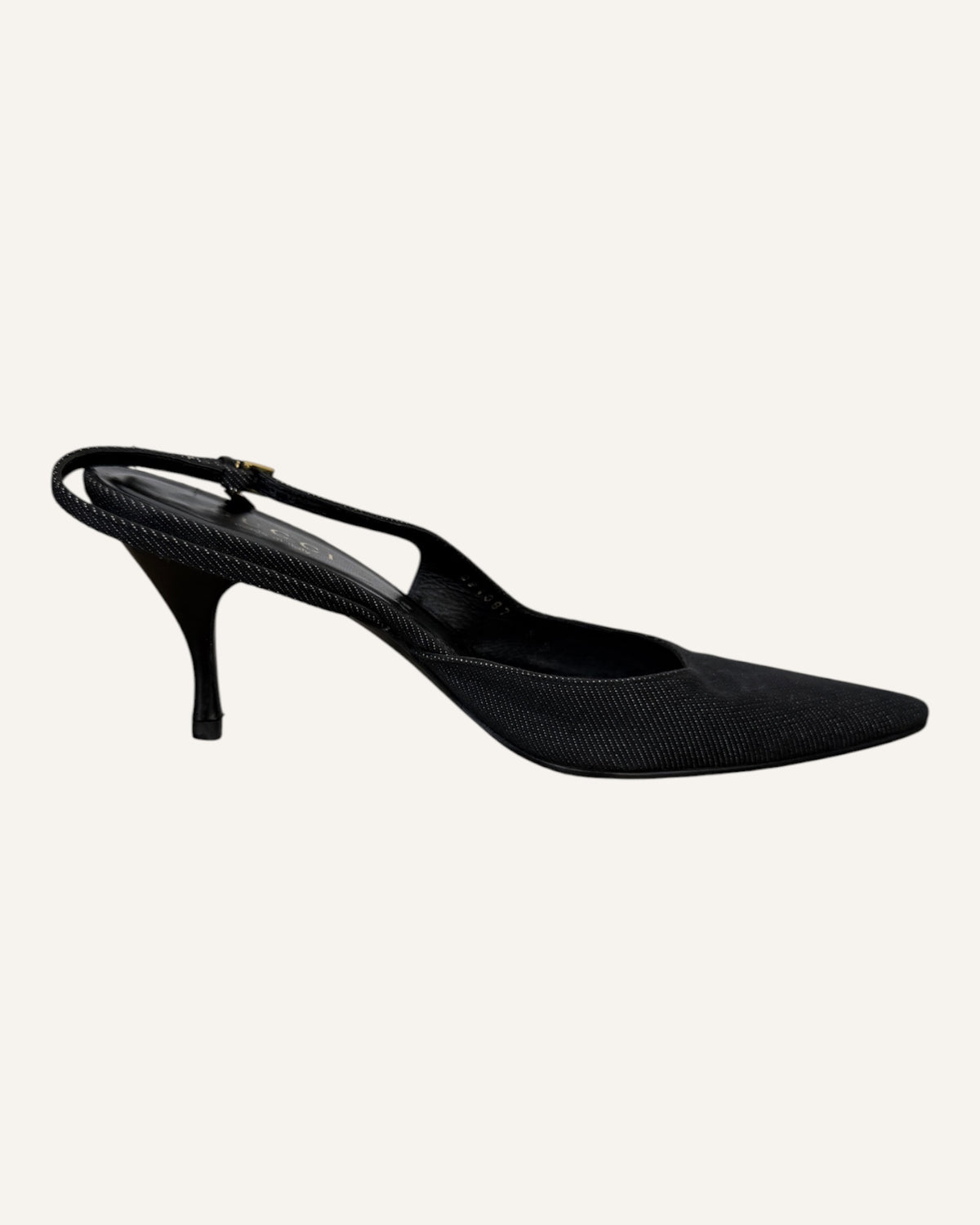 Gucci black textured pointed-toe slingback kitten heels with gold-tone buckles, size 38