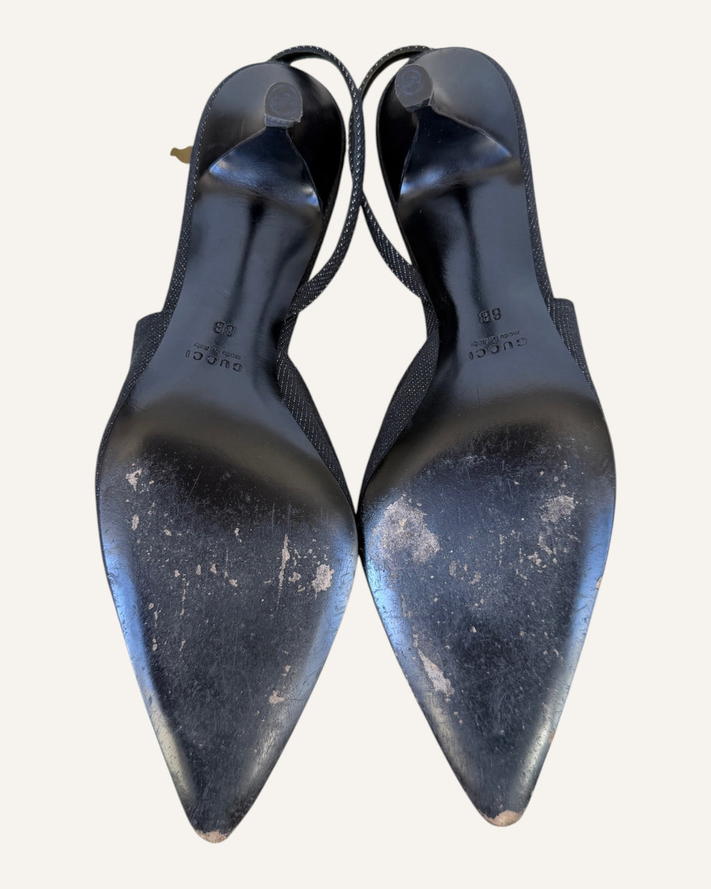 Gucci black textured pointed-toe slingback kitten heels with gold-tone buckles, size 38