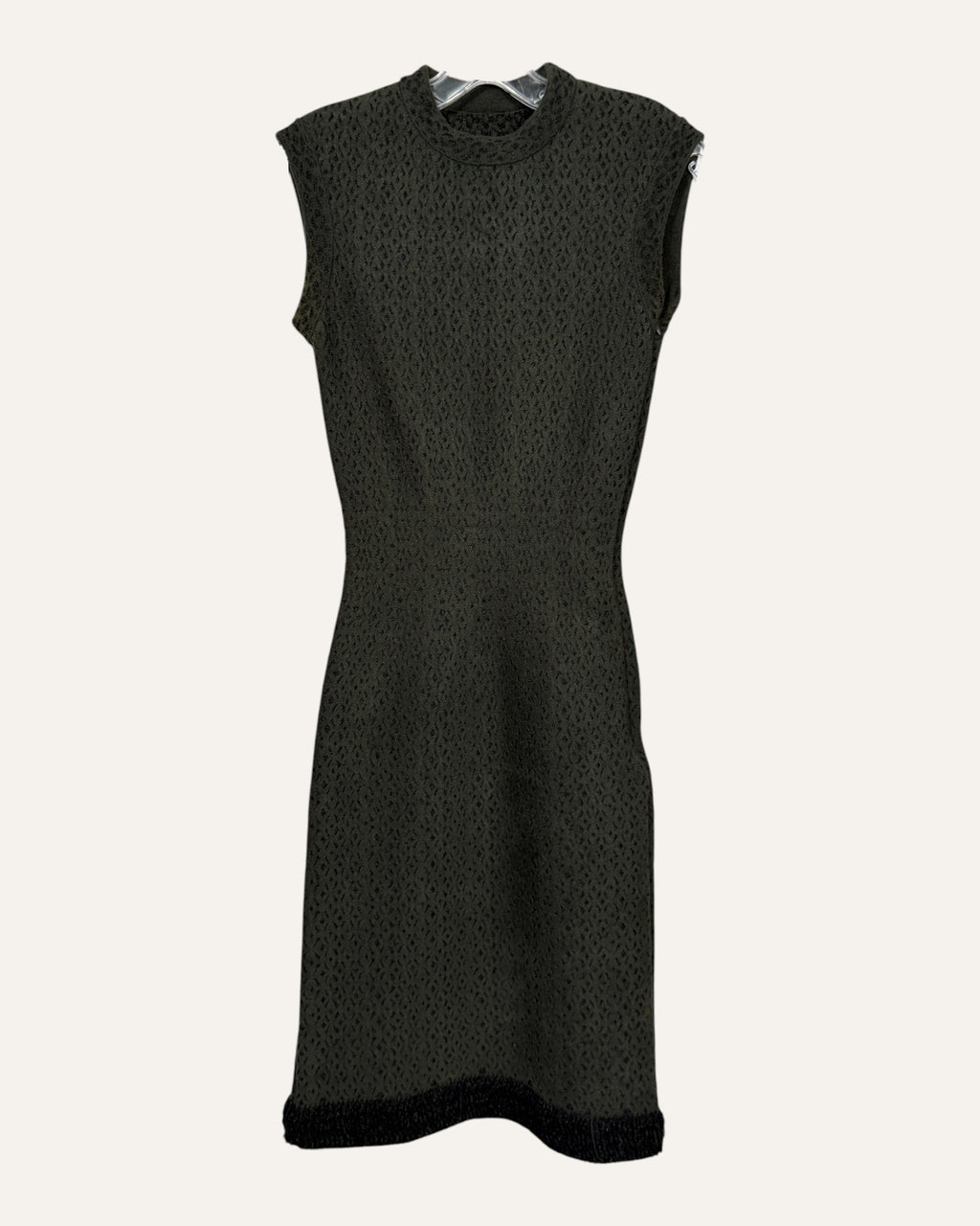 Alaïa green and black diamond-textured knit sheath dress with fringed hem