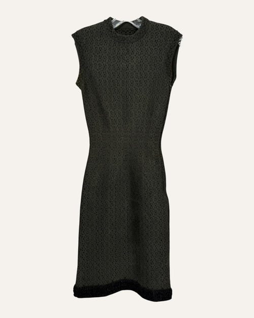 Alaïa green and black diamond-textured knit sheath dress with fringed hem