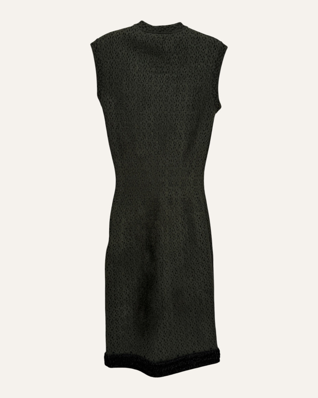 Alaïa green and black diamond-textured knit sheath dress with fringed hem