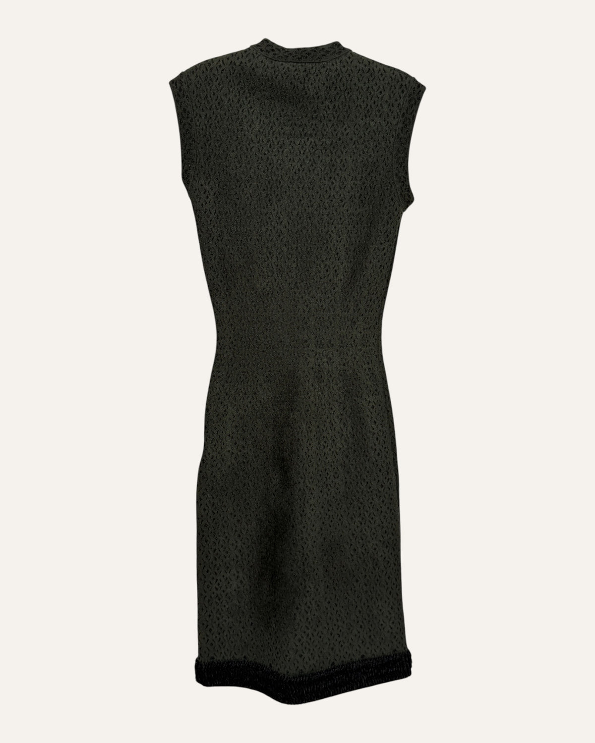 Alaïa green and black diamond-textured knit sheath dress with fringed hem